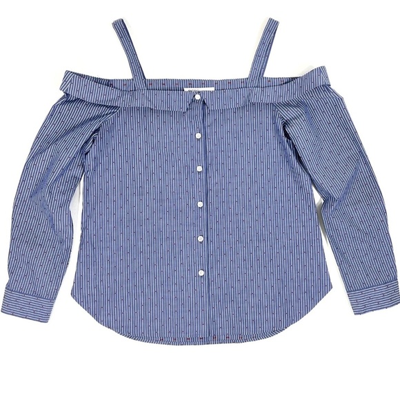 🆕 BCBGENERATION Blue & White Striped Red Dot Cold-Shoulder Shirt XS - Picture 2 of 11
